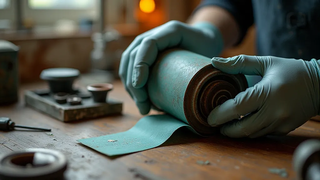 Hands carefully handling an antique typewriter ribbon.